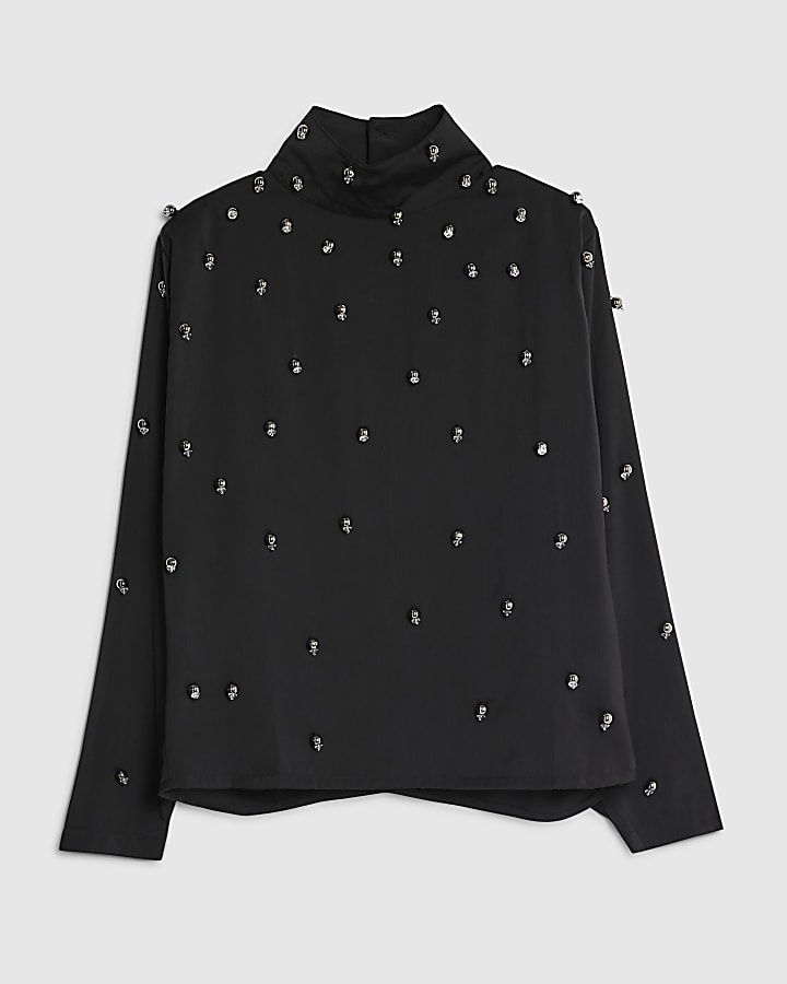 RI Studio Black High Neck beaded Batwing top