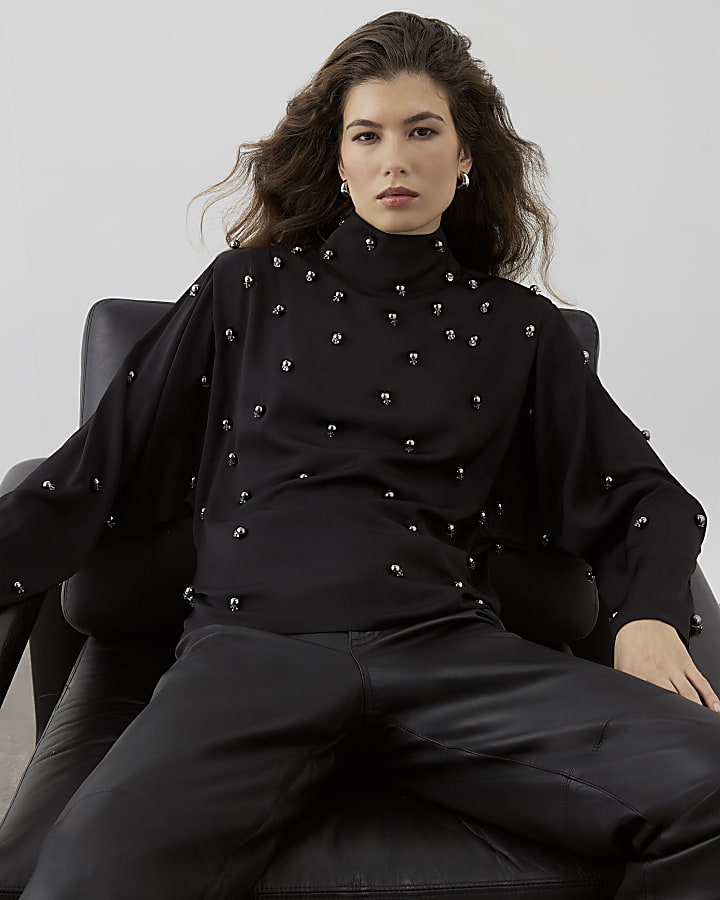 RI Studio Black High Neck beaded Batwing top