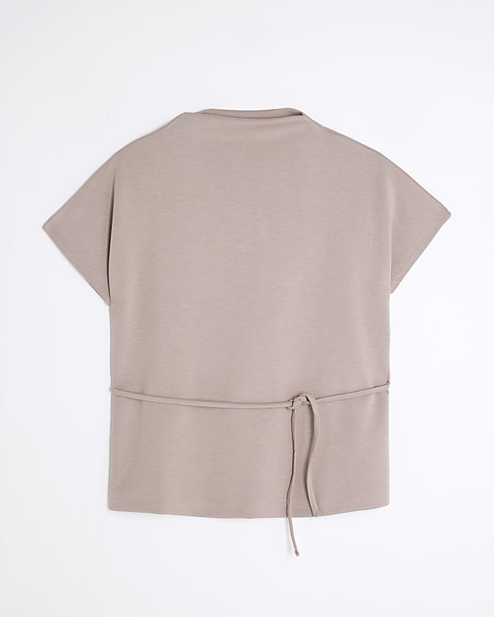 Beige Premium Short Sleeve Belted T-Shirt