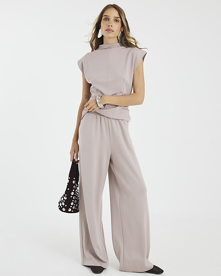Beige Premium High Waisted Wide Leg Joggers
