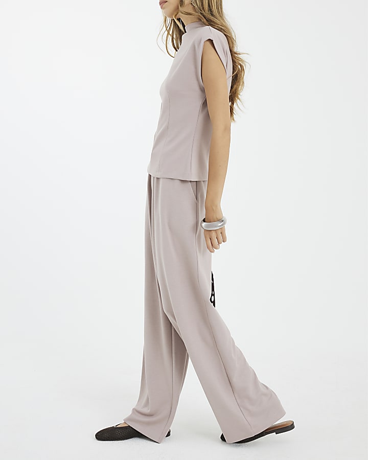 Beige Premium High Waisted Wide Leg Joggers