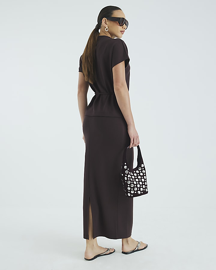 Brown Neoprene Maxi Skirt