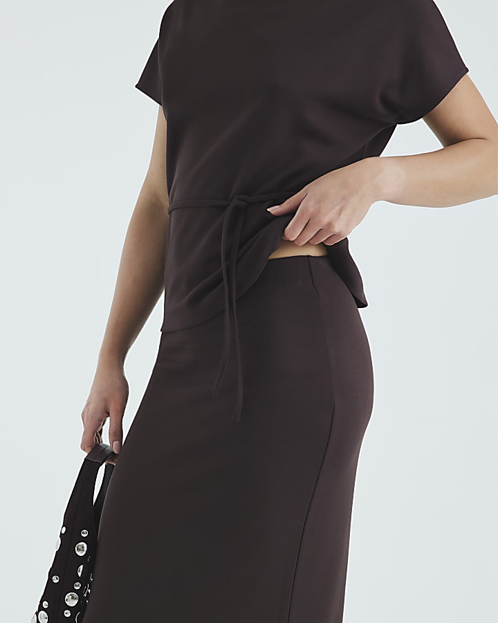 Brown Neoprene Maxi Skirt