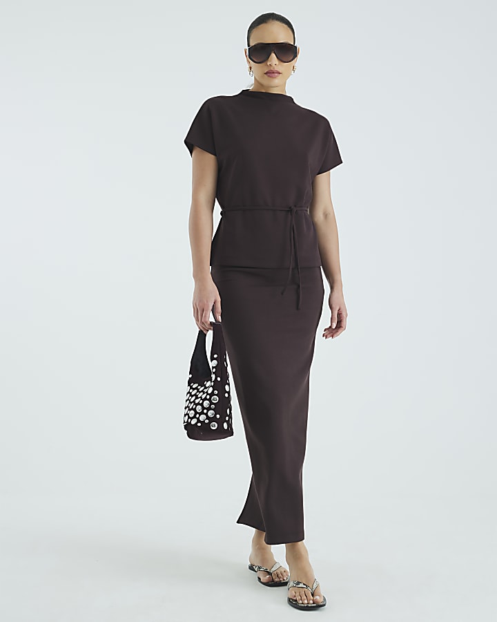 Brown Neoprene Maxi Skirt