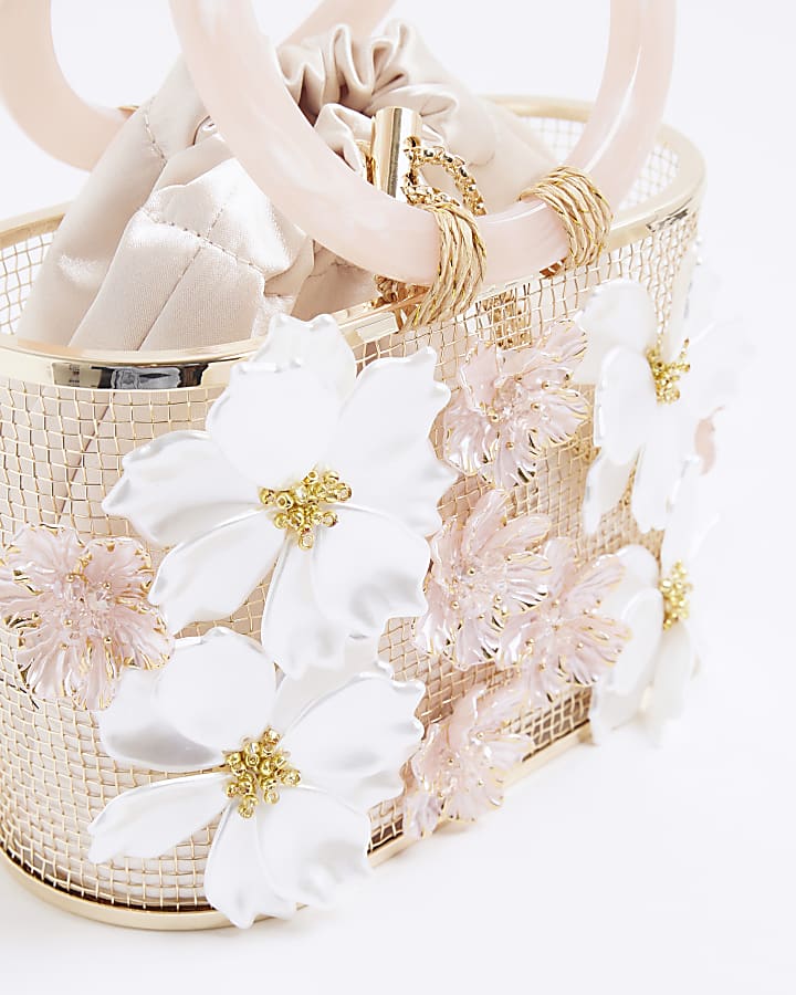 Gold 3D Floral Caged Basket Clutch Bag