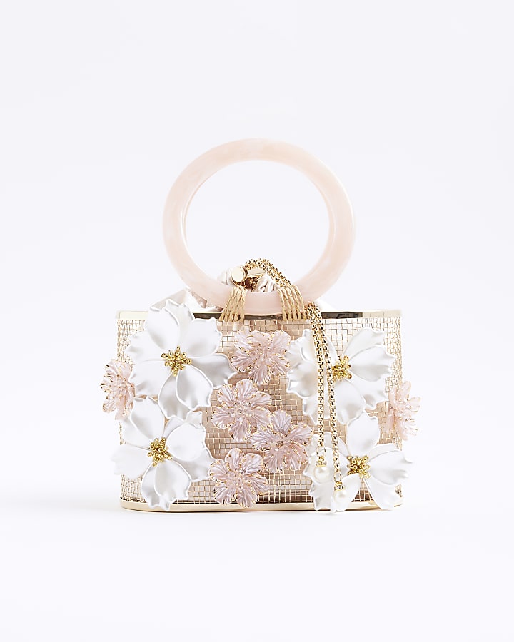 Gold 3D Floral Caged Basket Clutch Bag