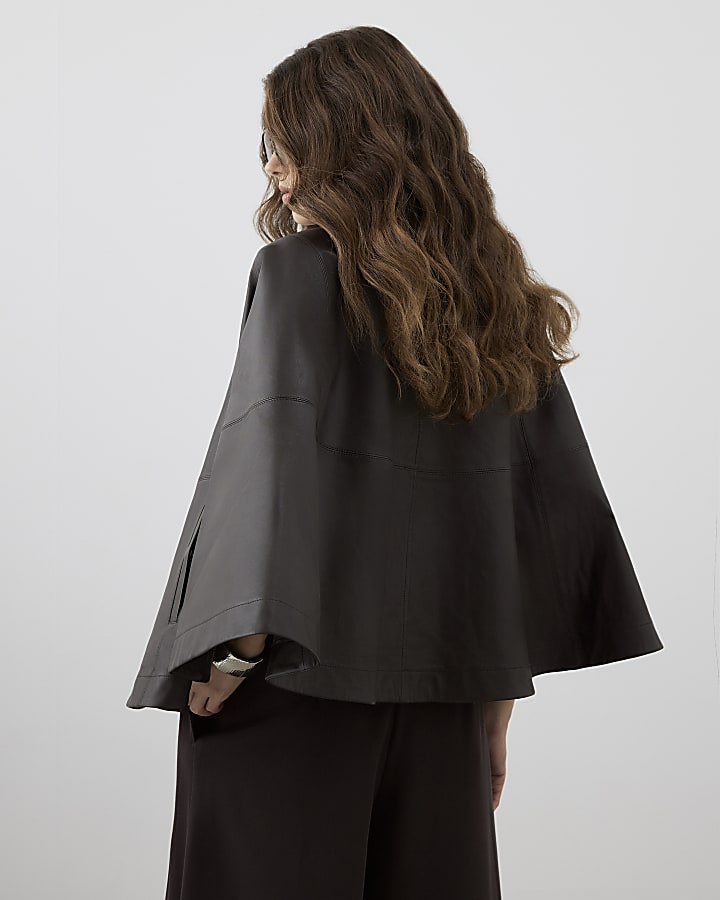 RI Studio Brown Leather Funnel Neck Cape