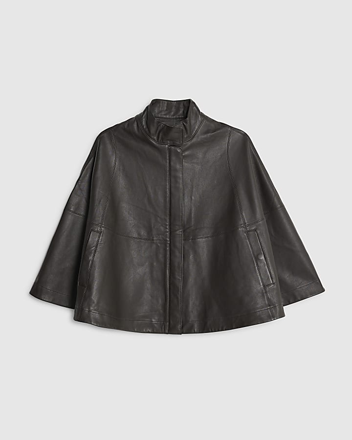 RI Studio Brown Leather Funnel Neck Cape