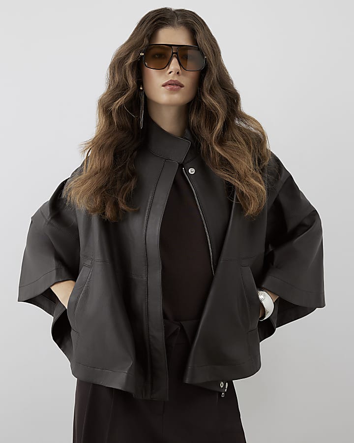 RI Studio Brown Leather Funnel Neck Cape