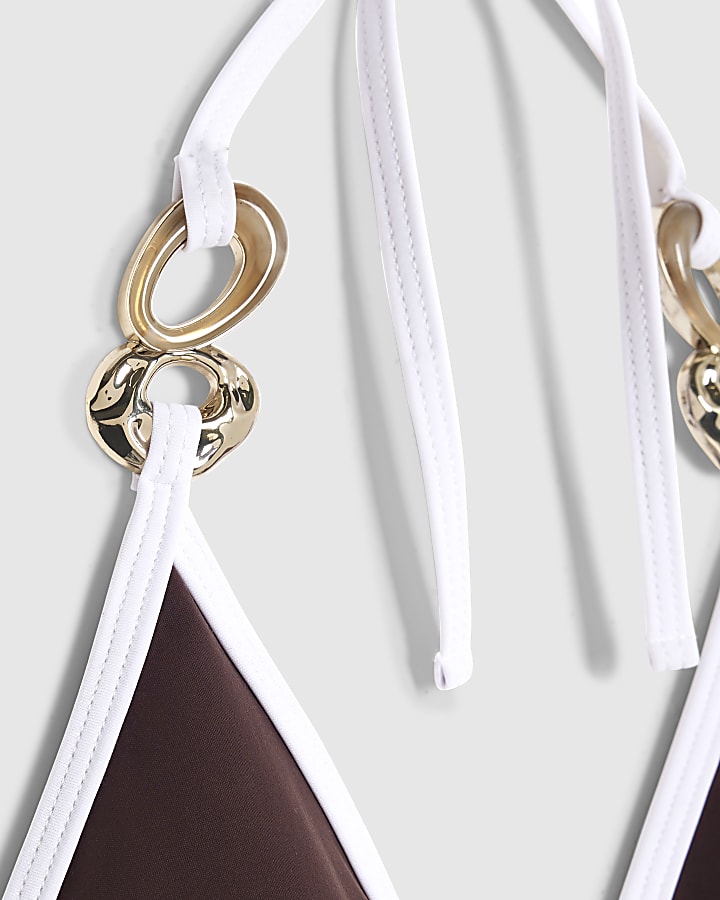Brown Ring Detail Triangle Bikini Top