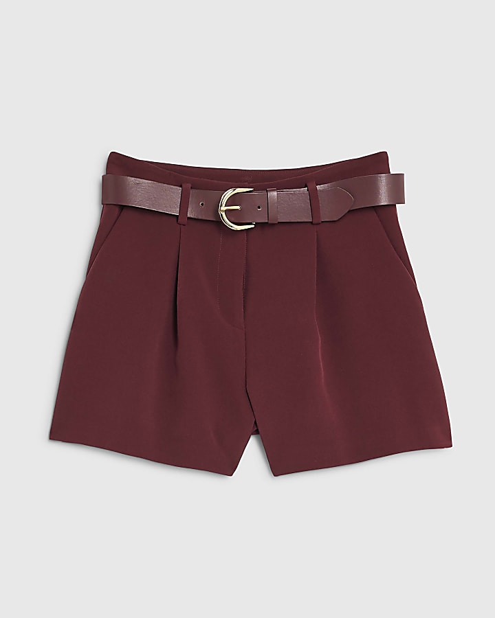 Red Structured Belted Shorts