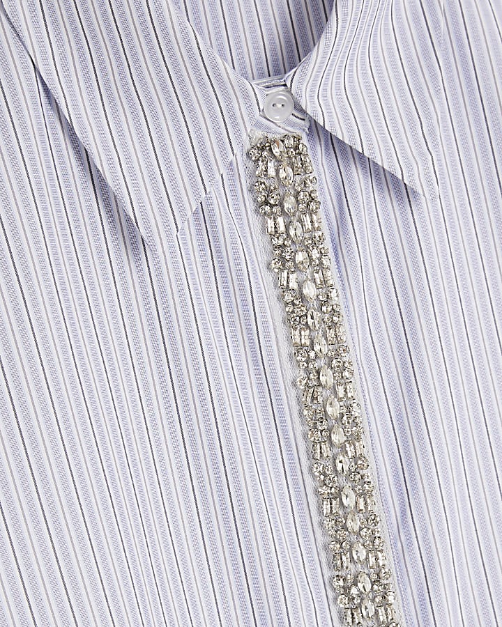 Blue Diamante Trim Stripe Shirt