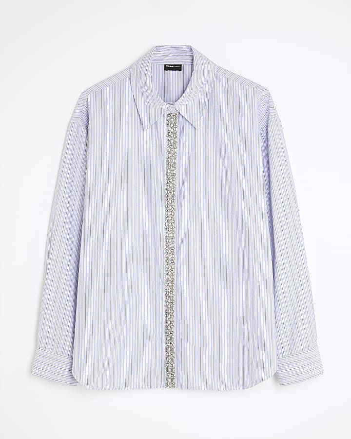 Blue Diamante Trim Stripe Shirt