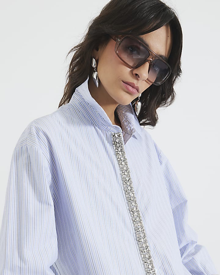 Blue Diamante Trim Stripe Shirt