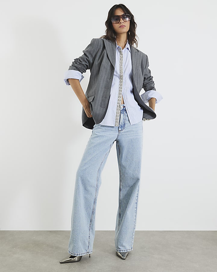Blue Diamante Trim Stripe Shirt