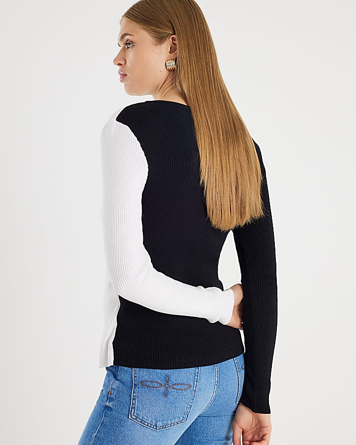 Black Knitted Long Sleeve Asymmetric Top