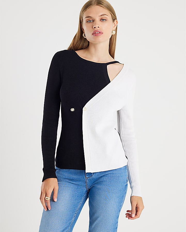 Black Knitted Long Sleeve Asymmetric Top