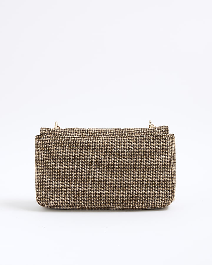 Brown Dogtooth Embellished Shoulder Bag