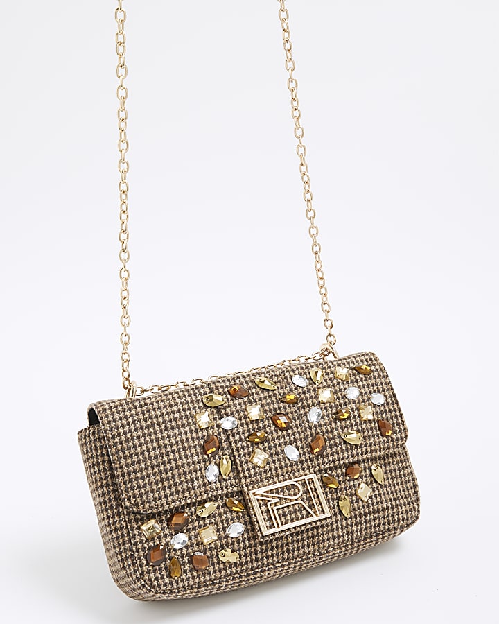 Brown Dogtooth Embellished Shoulder Bag
