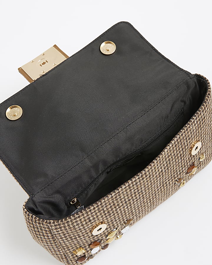 Brown Dogtooth Embellished Shoulder Bag