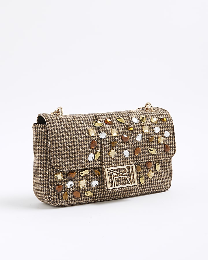 Brown Dogtooth Embellished Shoulder Bag