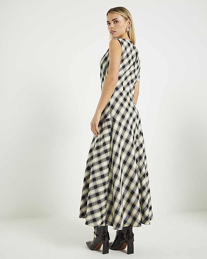 Petite Cream Check Print Knot Maxi Dress