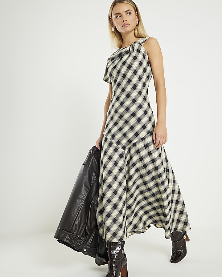 Petite Cream Check Print Knot Maxi Dress