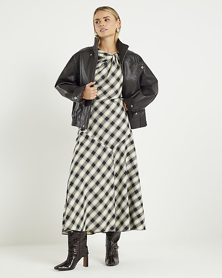 Petite Cream Check Print Knot Maxi Dress
