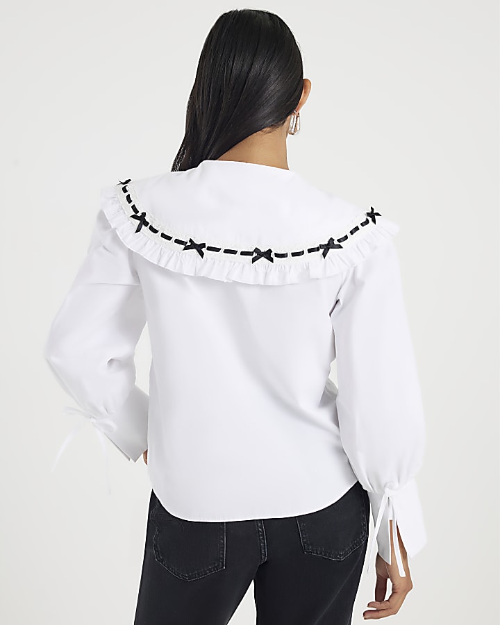 Petite White Poplin Ribbon Trim Collar Shirt