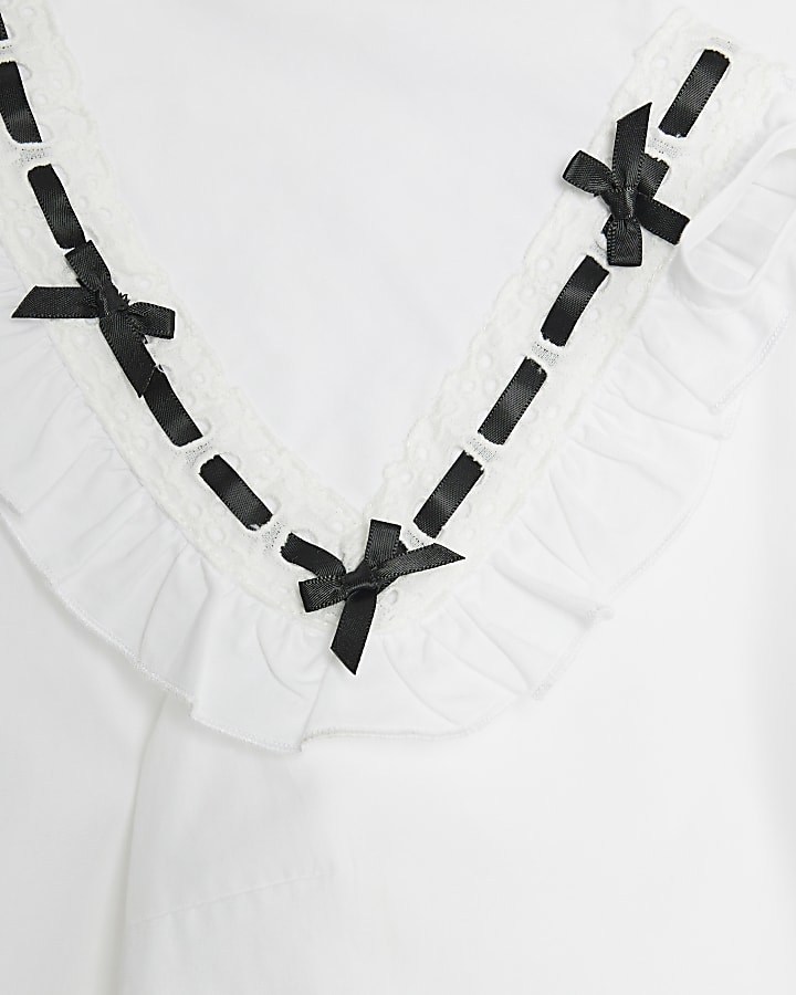 Petite White Poplin Ribbon Trim Collar Shirt