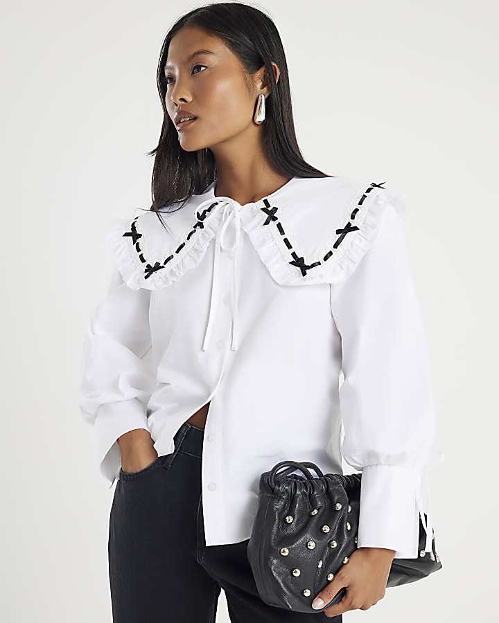 Petite White Poplin Ribbon Trim Collar Shirt