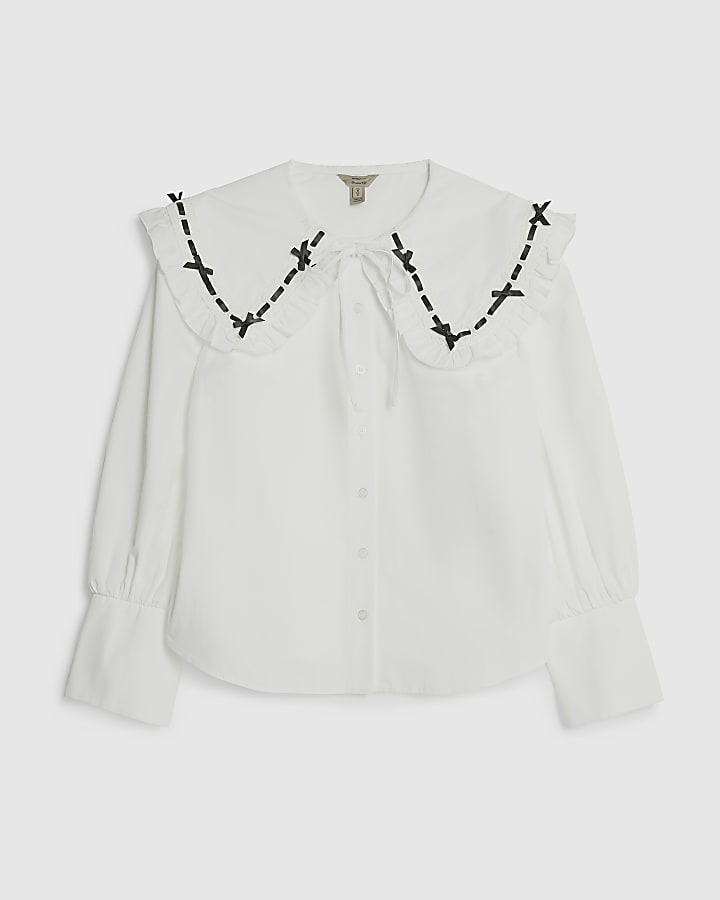 Petite White Poplin Ribbon Trim Collar Shirt