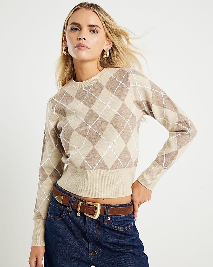 Petite Beige Knitted Long Sleeve Argyle Top