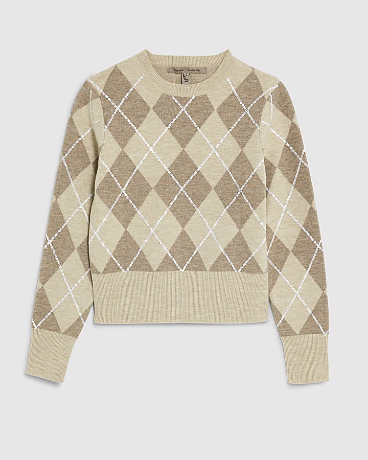 Petite Beige Knitted Long Sleeve Argyle Top