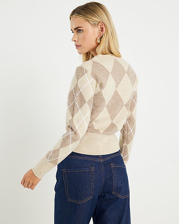 Petite Beige Knitted Long Sleeve Argyle Top