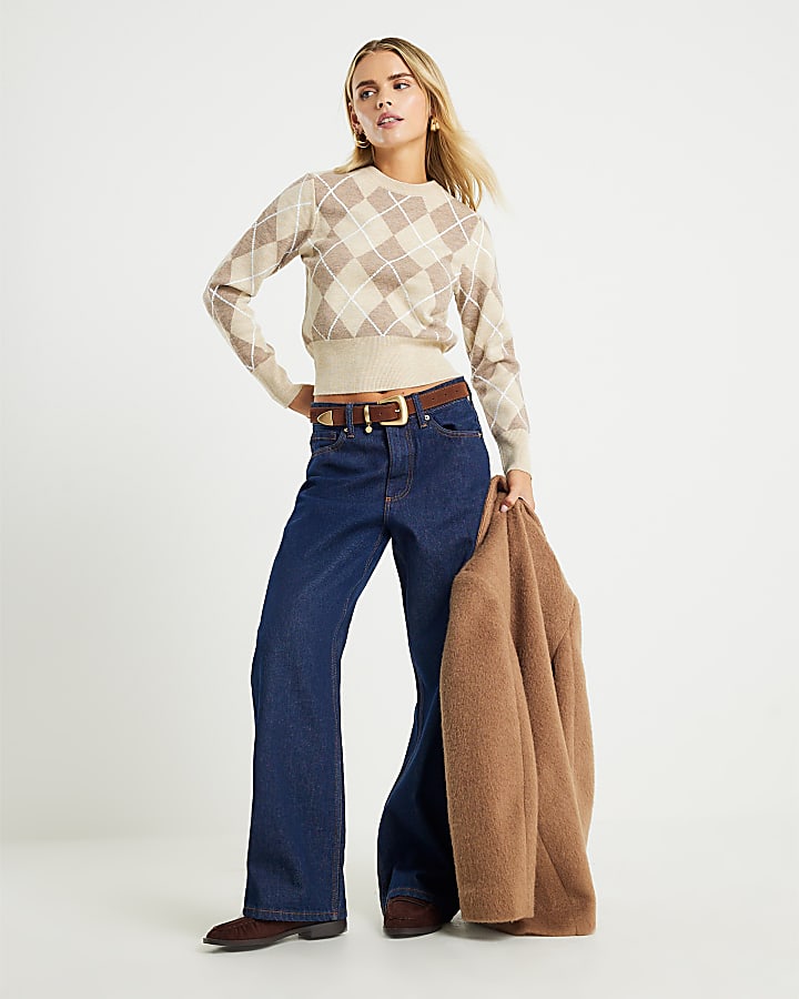 Petite Beige Knitted Long Sleeve Argyle Top