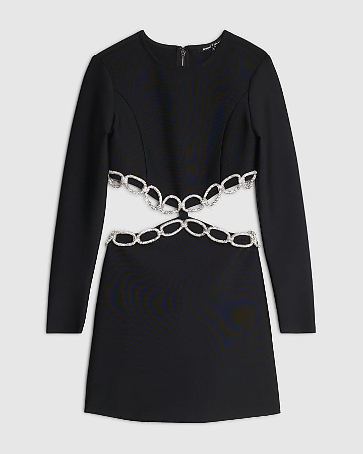 Black Long Sleeve Chain Trim Mini Dress