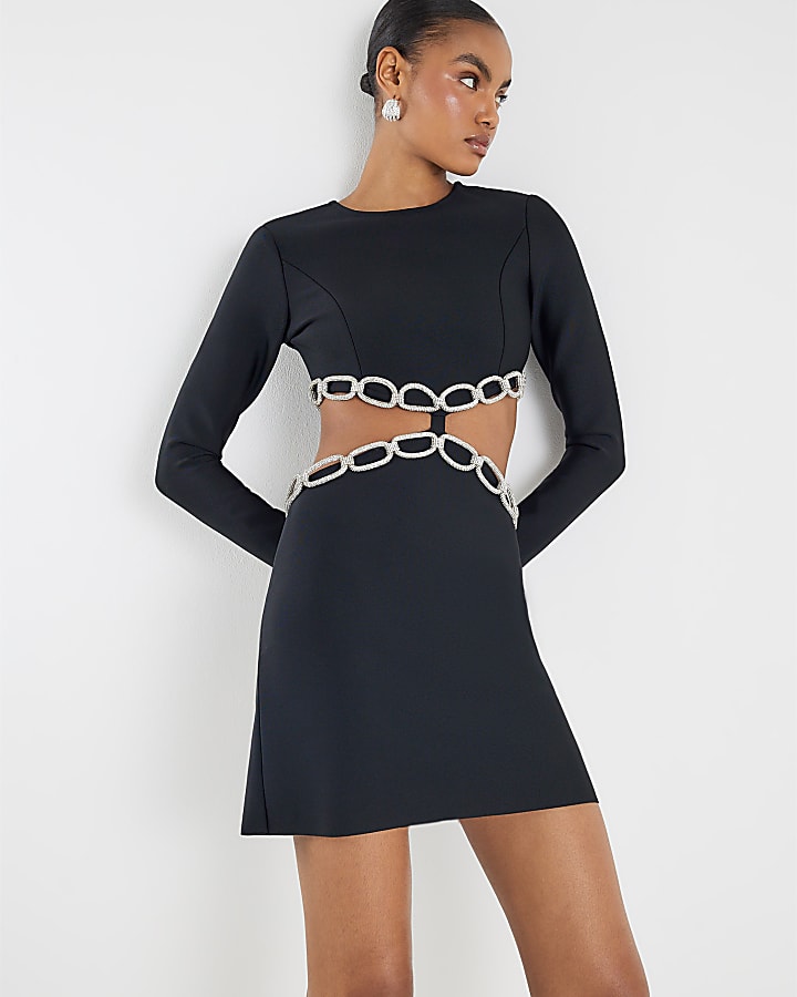 Black Long Sleeve Chain Trim Mini Dress