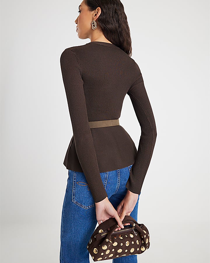 Brown Knitted Belted Peplum Top