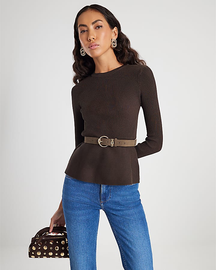 Brown Knitted Belted Peplum Top