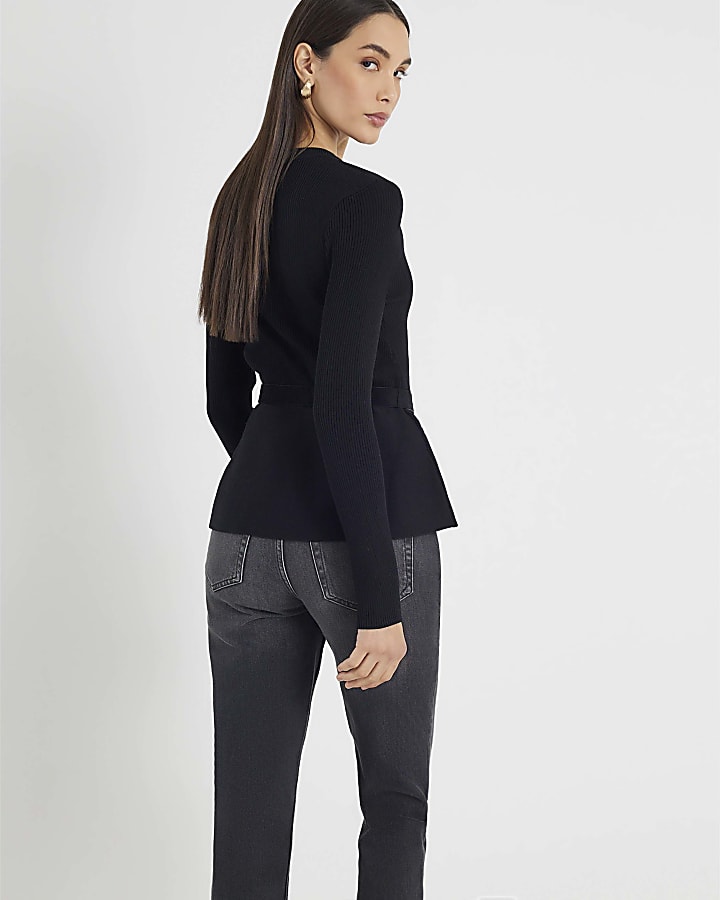 Black Knitted Long Sleeve Belted Peplum Top