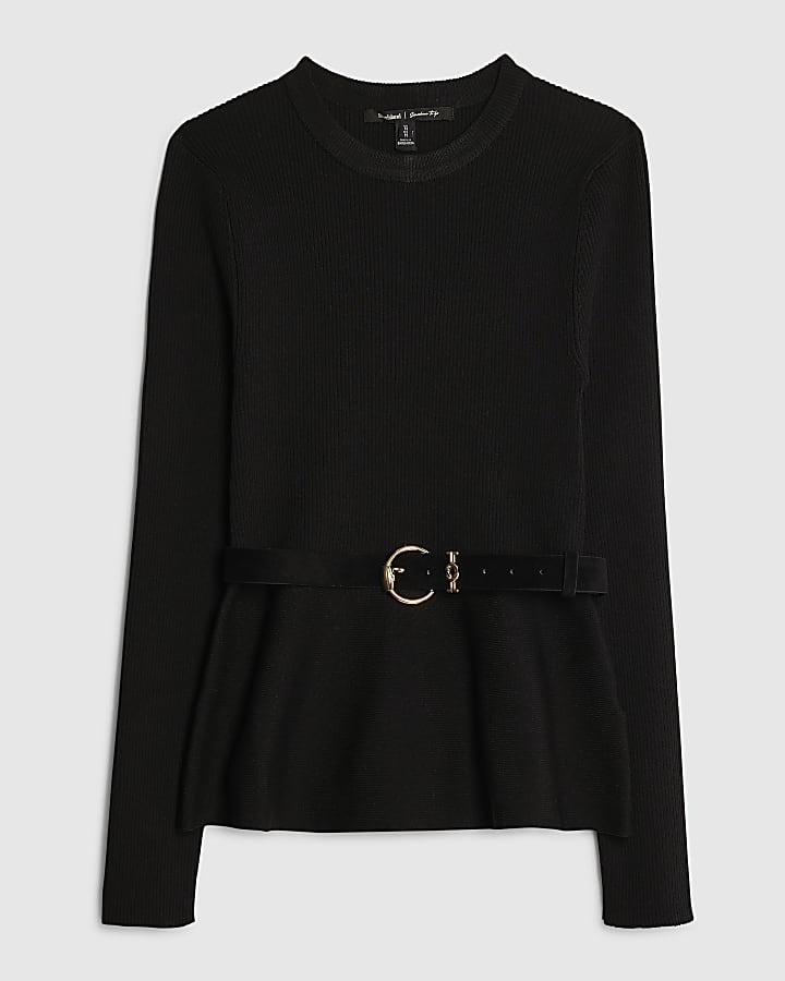 Black Knitted Long Sleeve Belted Peplum Top