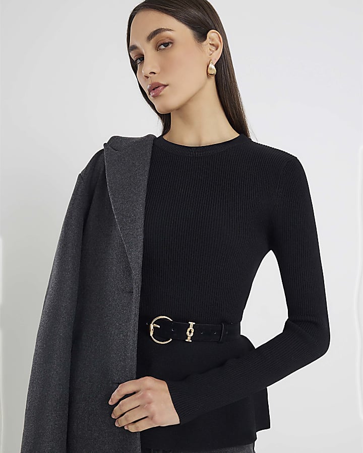Black Knitted Long Sleeve Belted Peplum Top