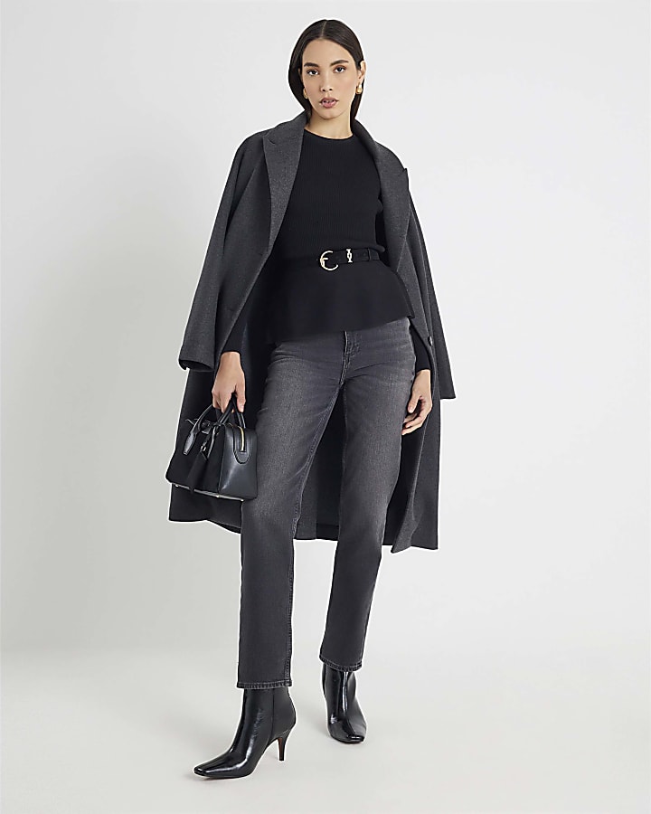 Black Knitted Long Sleeve Belted Peplum Top