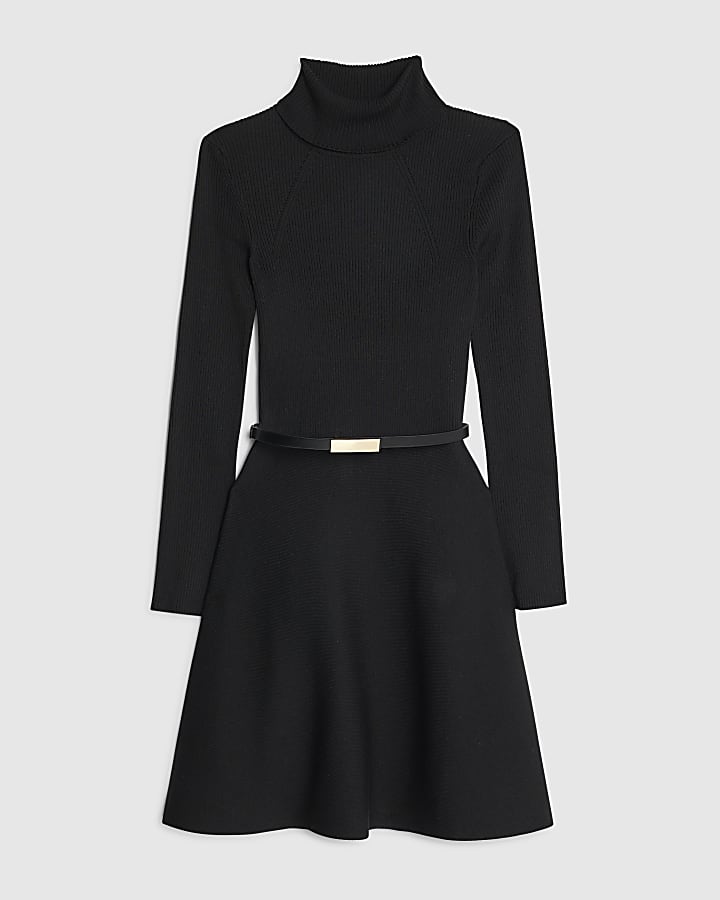 Black Knitted Belted Mini Dress