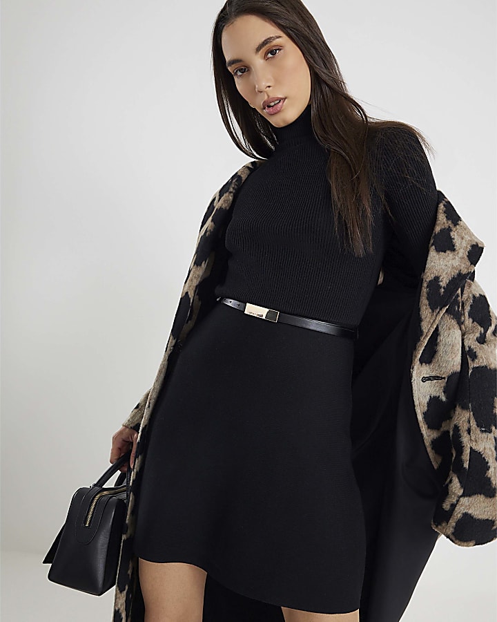 Black Knitted Belted Mini Dress