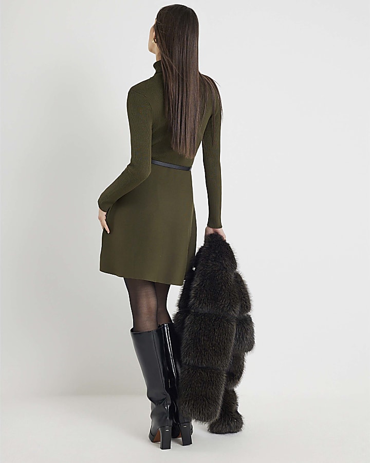 Green Knitted Belted Mini Dress