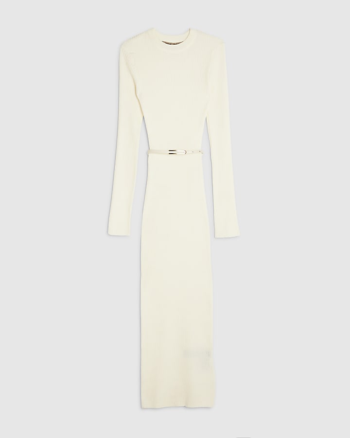 White Knitted Long Sleeve Midi Dress