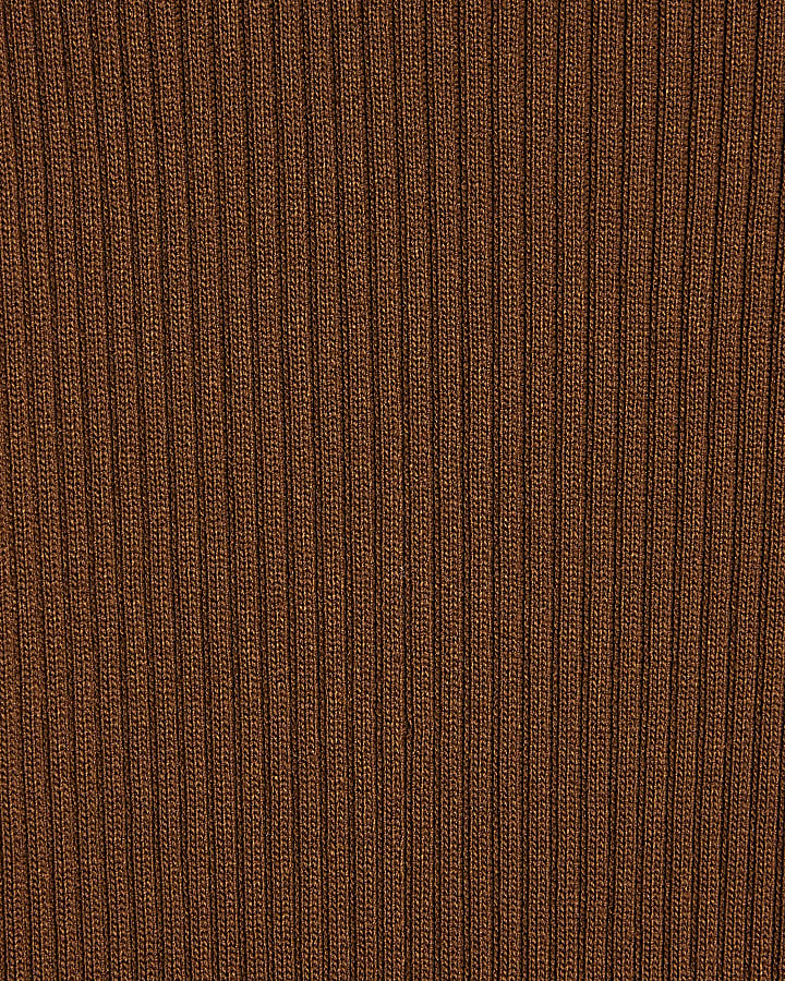 Brown Knitted Long Sleeve Midi Dress