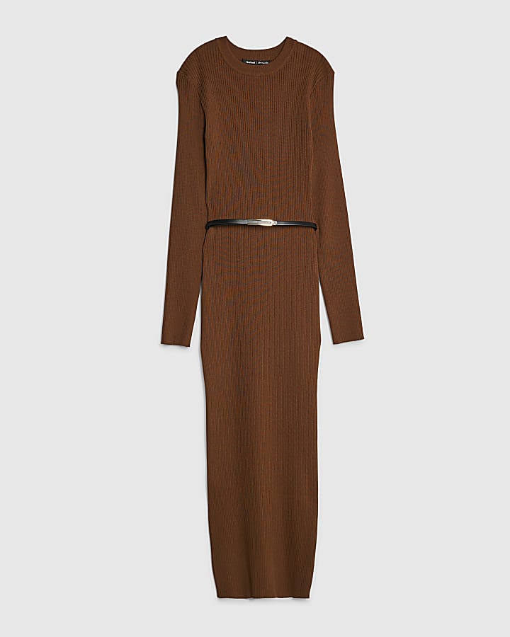 Brown Knitted Long Sleeve Midi Dress